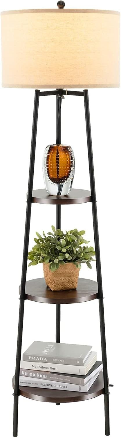Tripod Floor Lamp with 3 Wooden Shelves & Linen Shade, E27 Socket