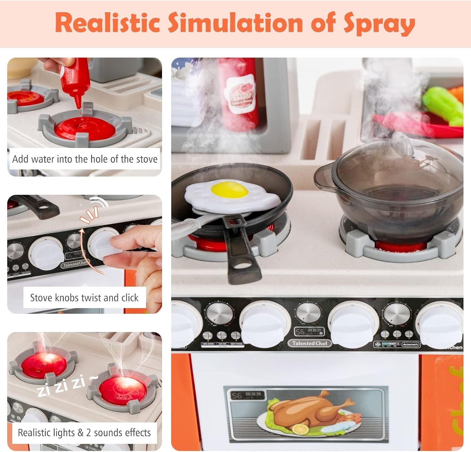 Kids Kitchen Playset w/ 67PCS Lights Sounds Steam Sink Orange