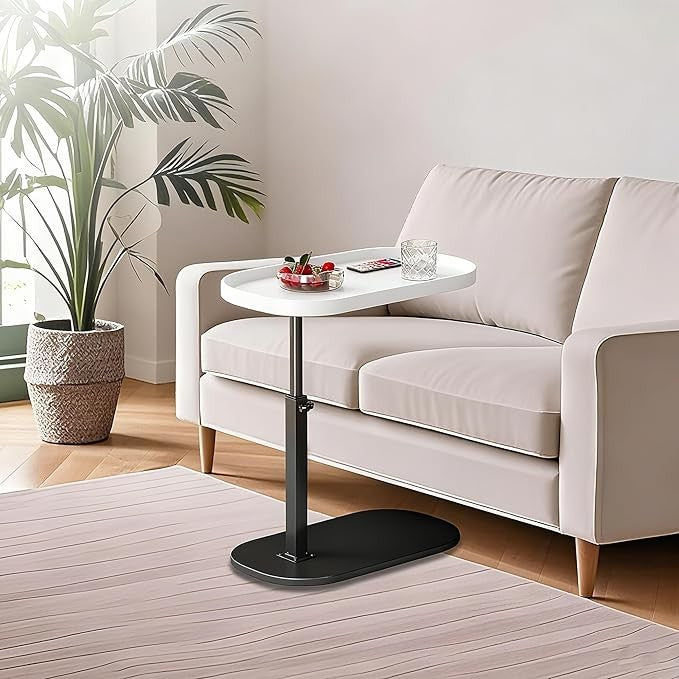 C Shaped Side Table Adjustable Height Swivel Laptop Sofa Bed Marble White