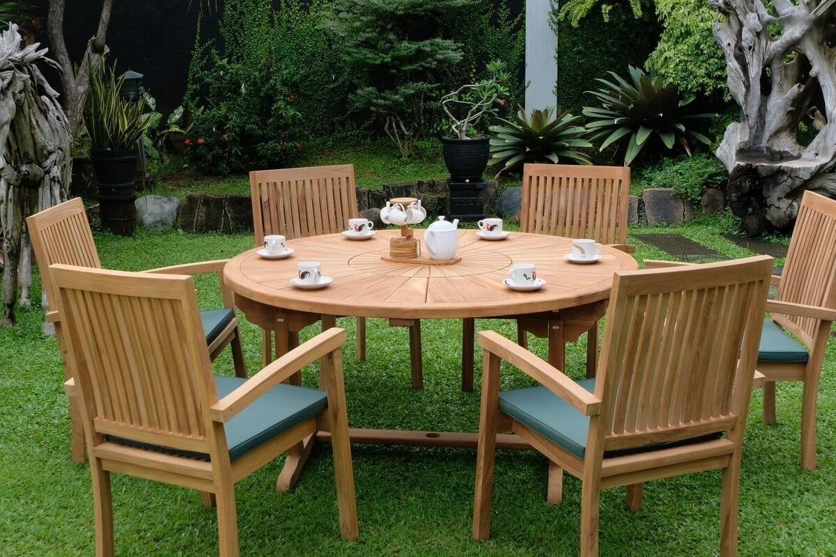 Teakwood Outdoor Garden Dining Set with Parasol & Cushions - 7 Piece Patio