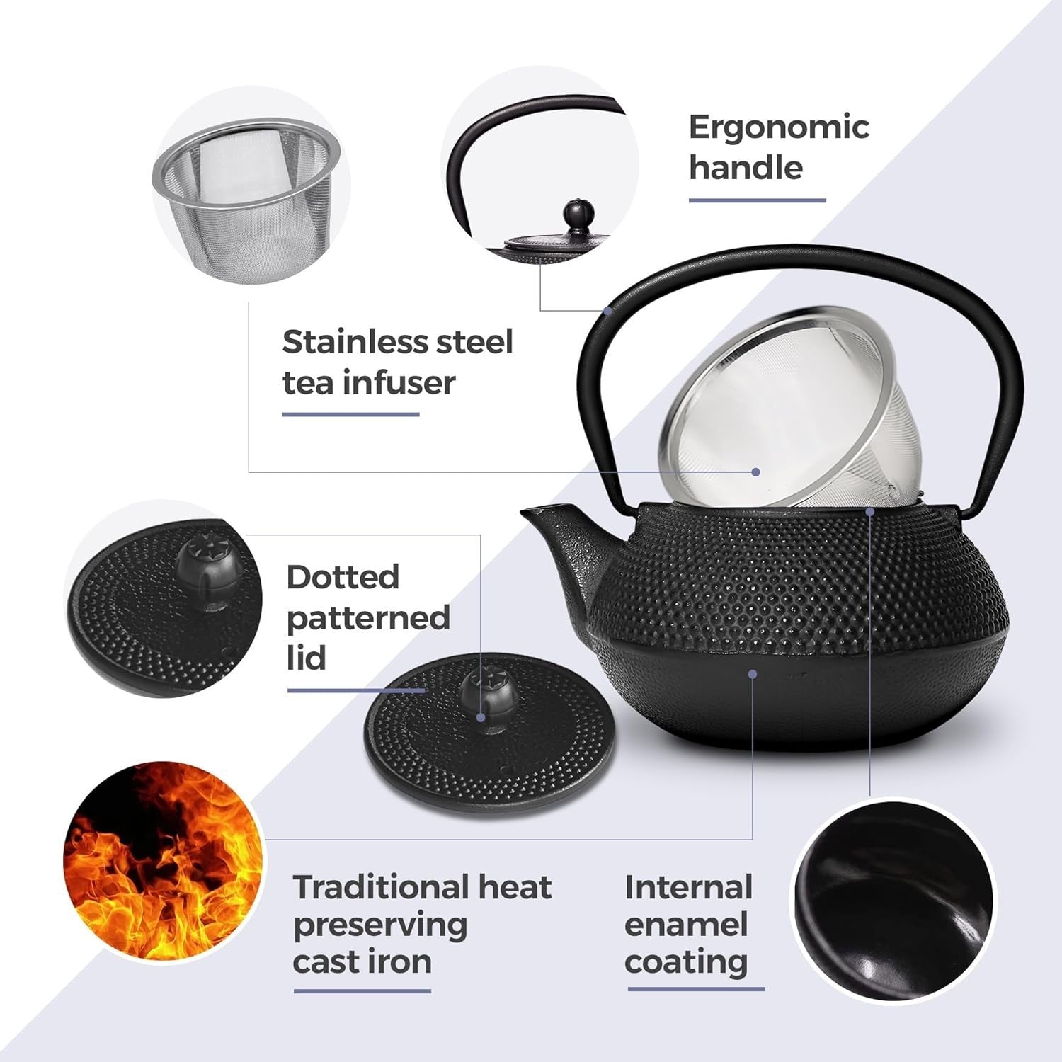 Cast Iron Teapot 650ml Chinese Tetsubin Tea Pot w Infuser Black Hobnail
