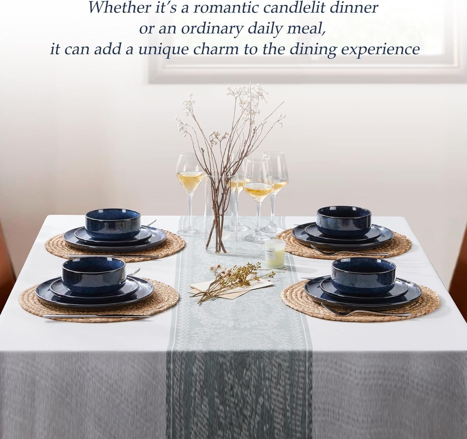 12pc Stoneware Dinner Set Midnight Blue Plates Bowls Reactive Glaze