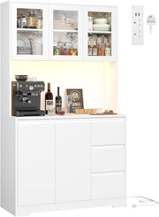 White Tall Kitchen Cabinet with LED Lights, Power Sockets & Drawers