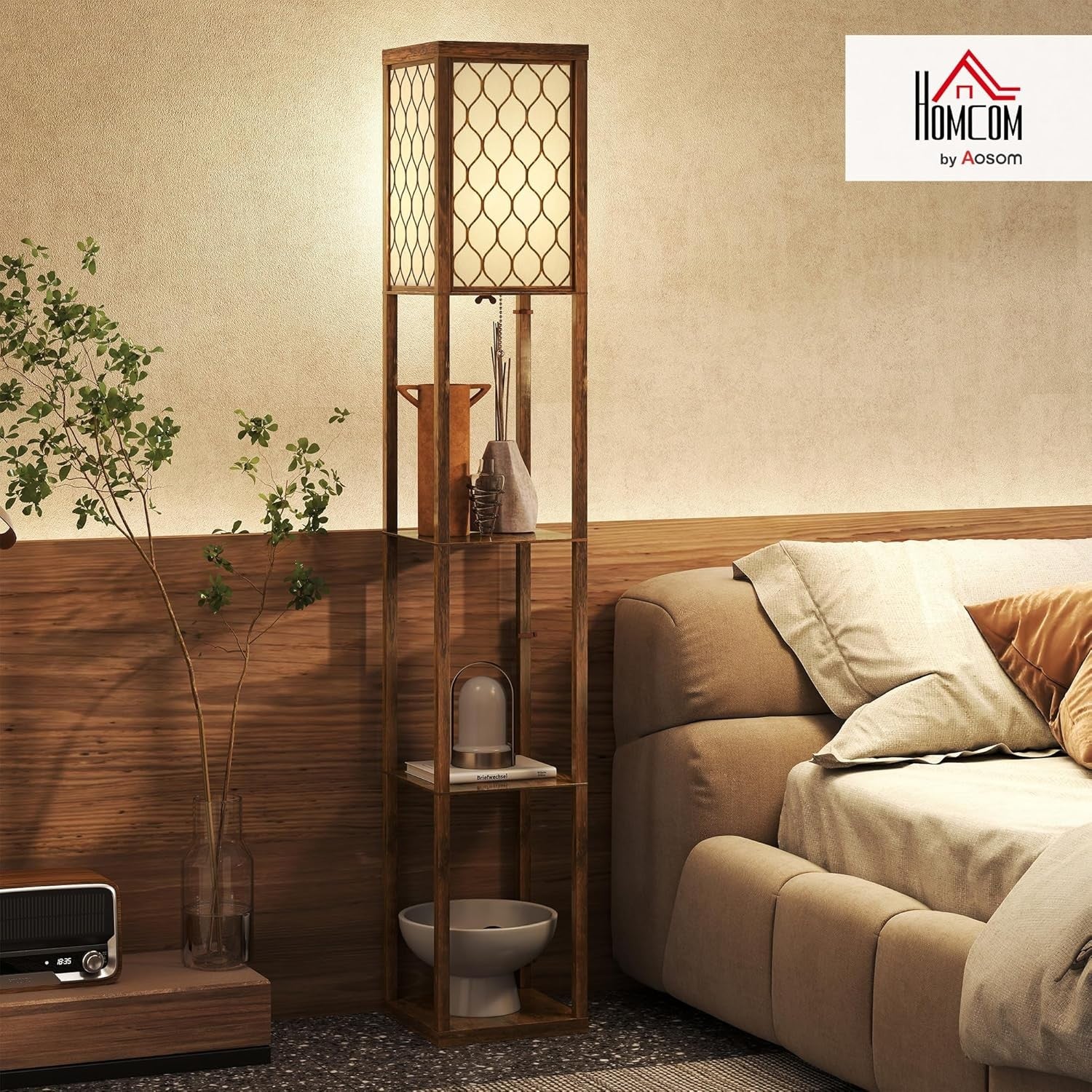 Floor Lamp with Shelves Tall Standing Light Fabric Shade Rustic Storage Unit
