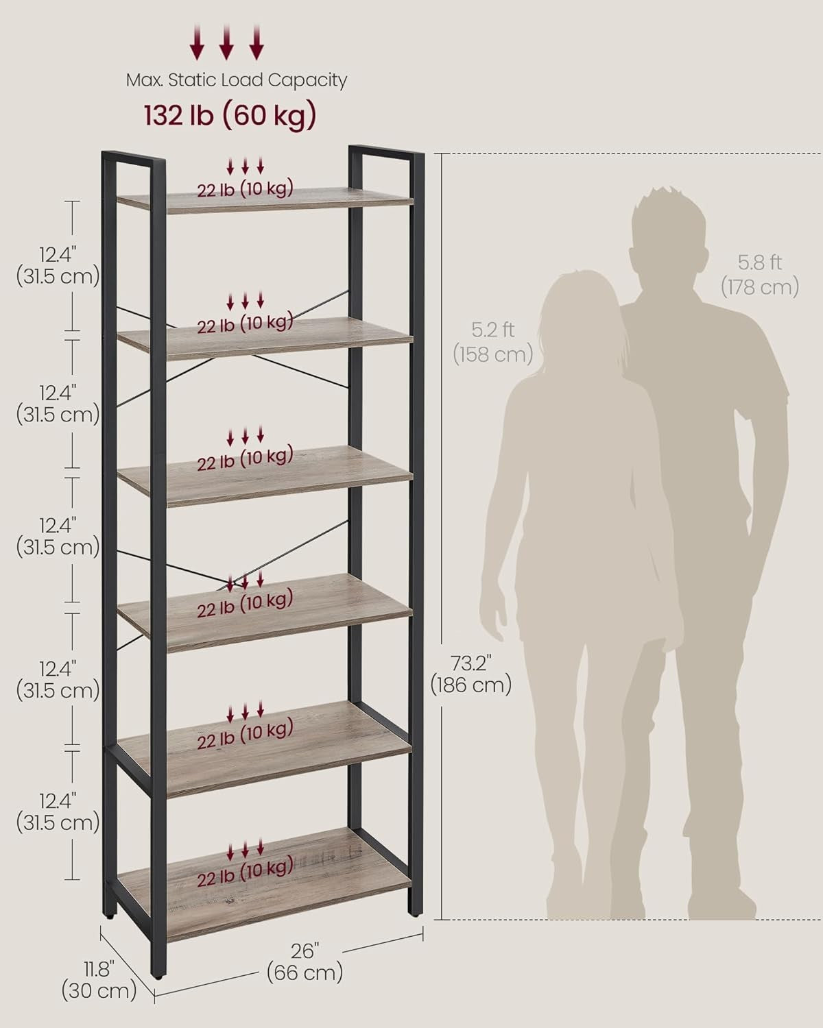 6-Tier Industrial Bookshelf 186cm Tall Wide Storage Unit Heather Greige