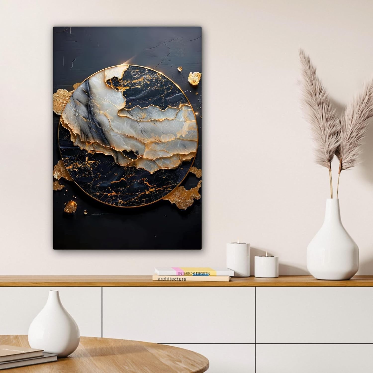 Gold Black Abstract Canvas Wall Art 60x90cm Framed Modern Decor
