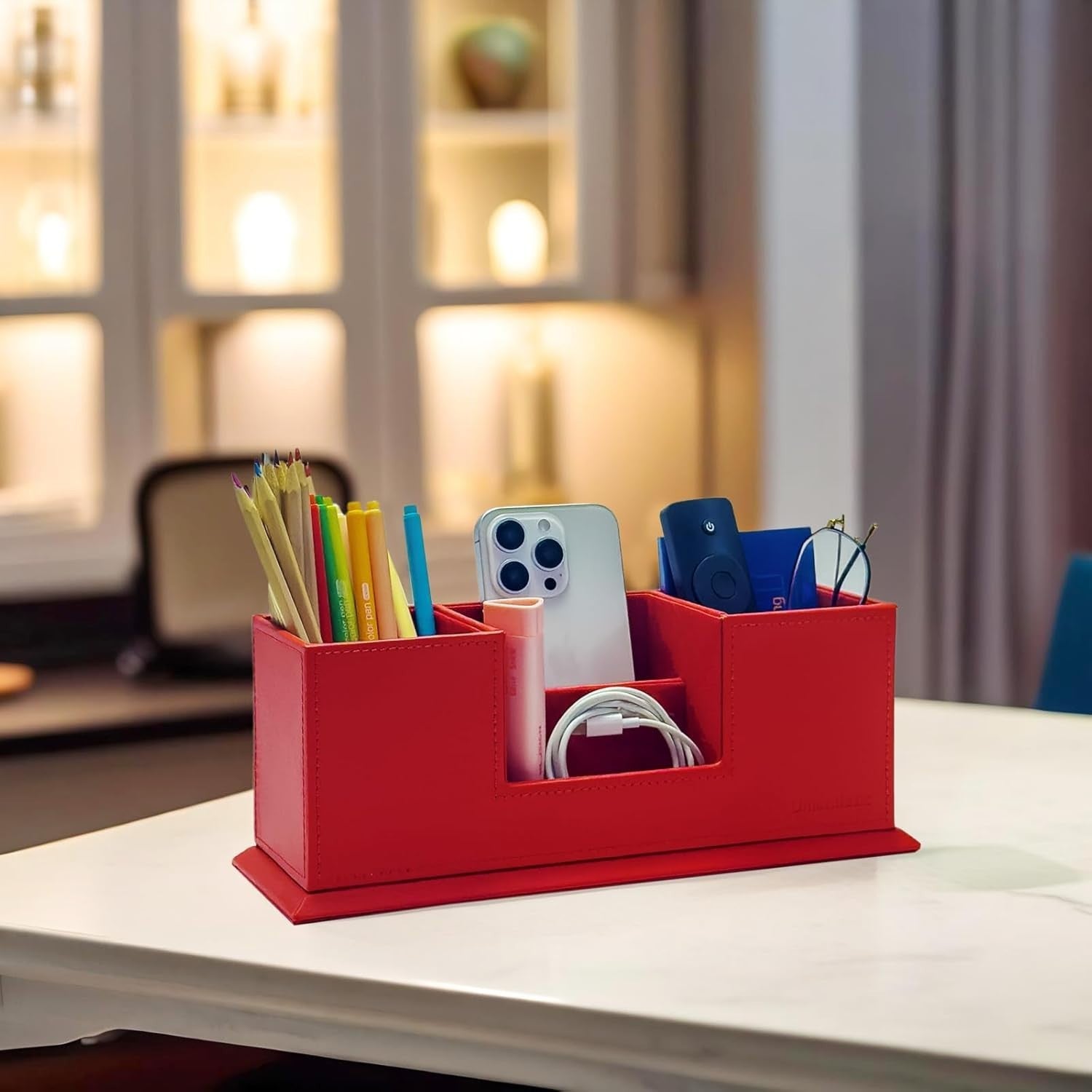 Leatherette Desk Organiser with Dual Pen & Card Holder – Red