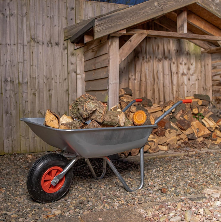 65L Silver Wheelbarrow – Galvanised Steel Tub w/ Air Tyre & Grip Handles 60kg