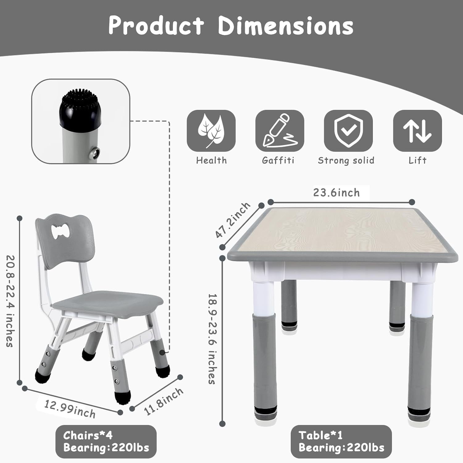 Kids Table and 4 Chairs Set Adjustable Height Study Play Dining Furniture Grey