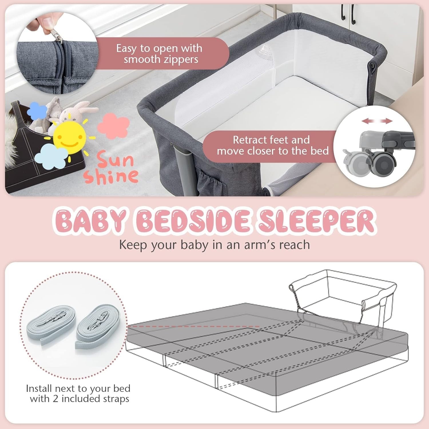 3in1 Baby Bassinet Bedside Crib Co-Sleeper Cot with Mattress & Wheels Grey