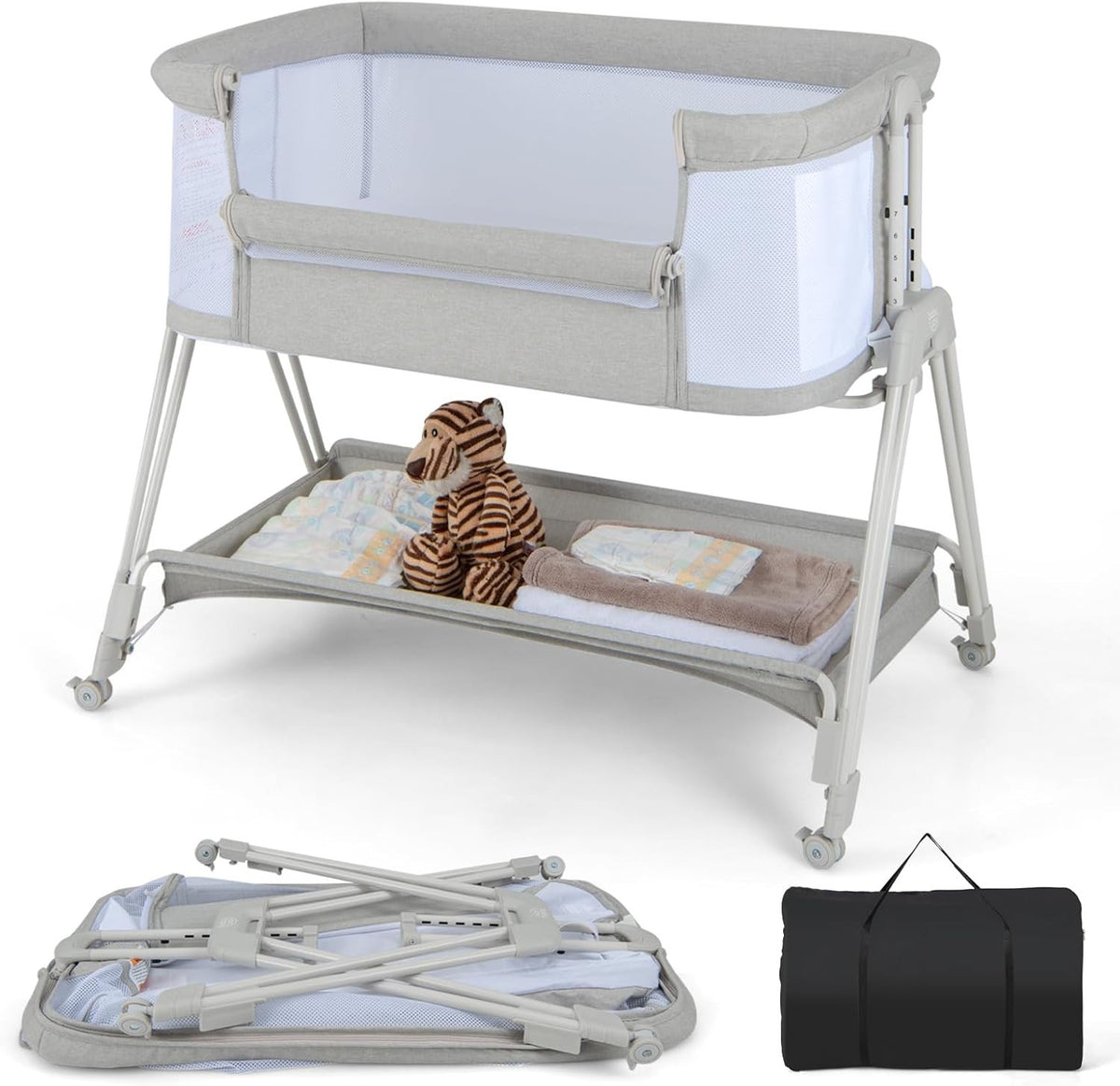 Baby Bedside Crib w/ Mattress 7 Height Adjustable Mesh Sides Storage Shelf Grey