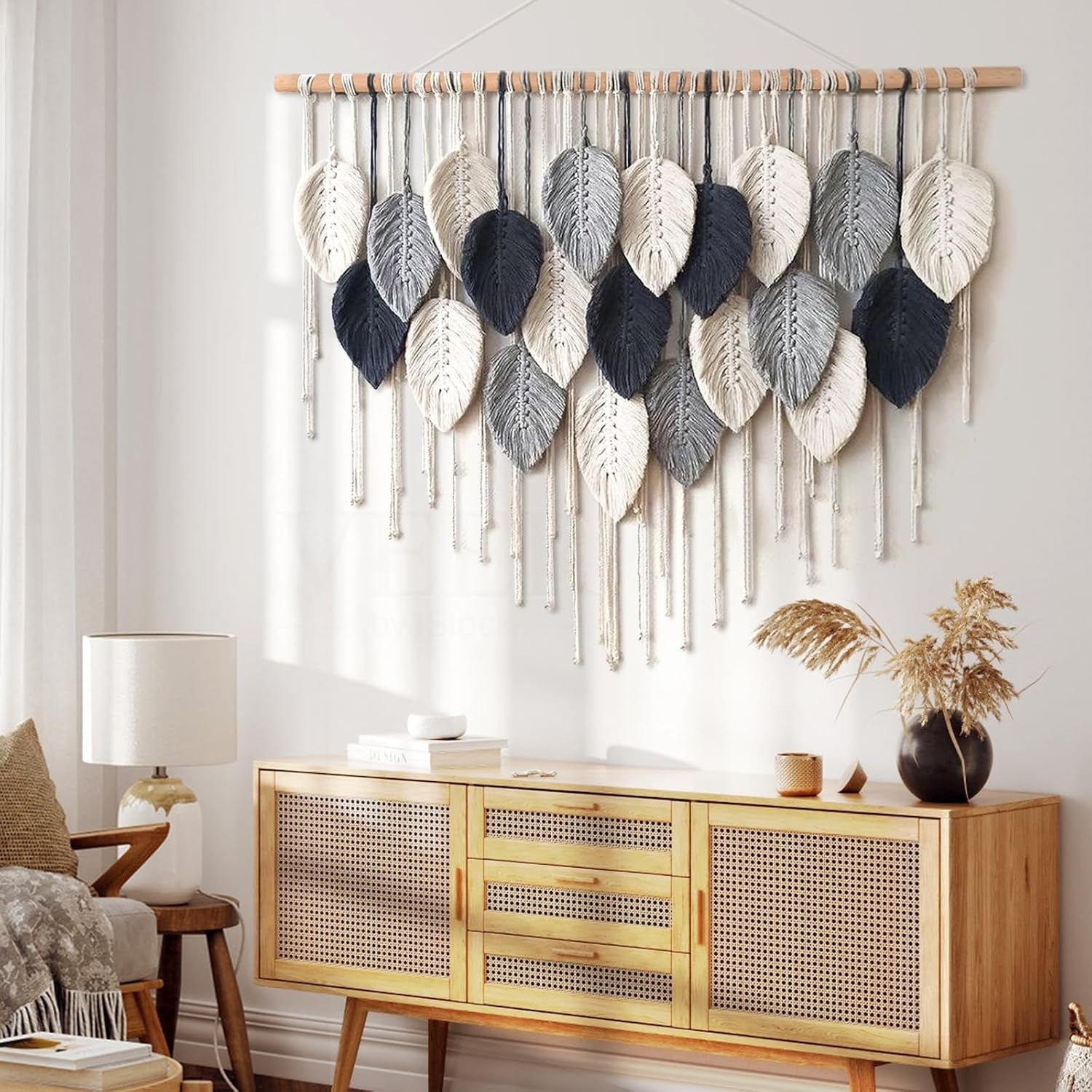 Large Boho Macrame Wall Hanging Leaf Woven Decor Blue