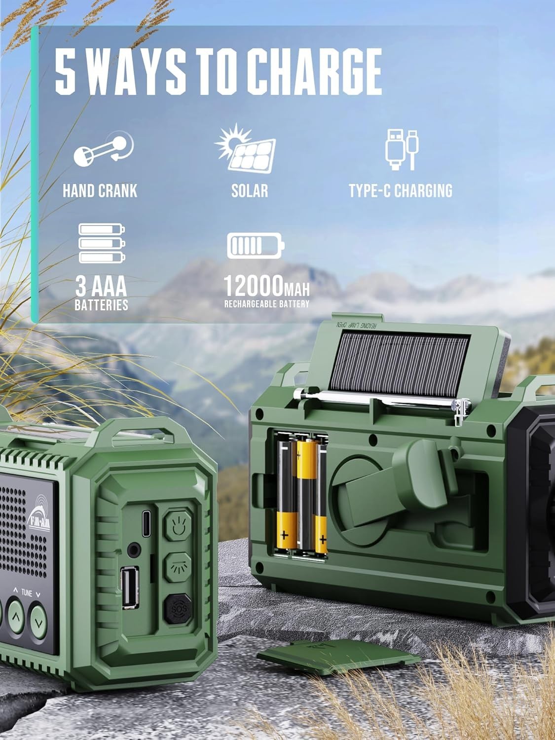 Emergency Wind Up Solar Radio AM/FM/SW 12000mAh Waterproof Torch