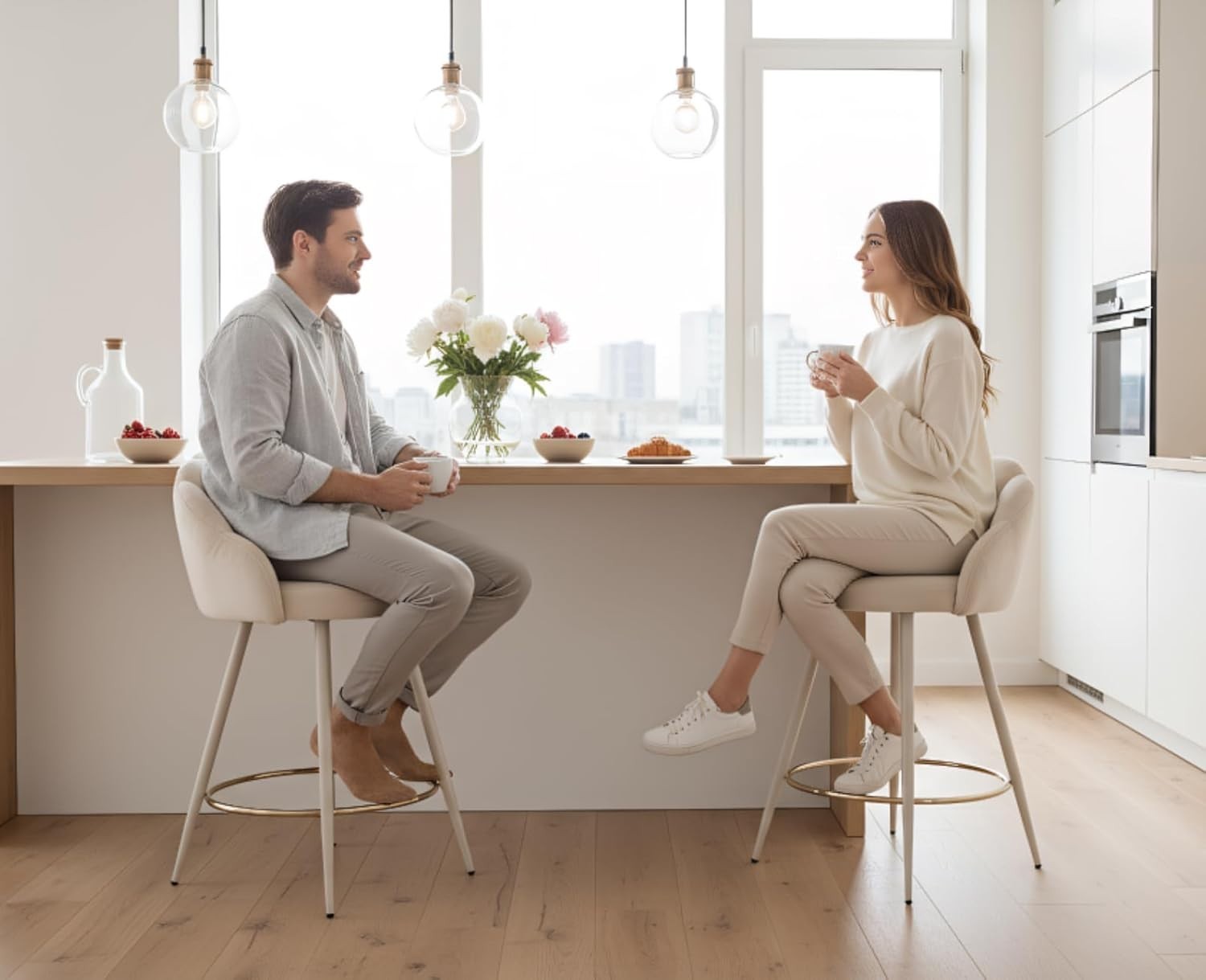 Beige Velvet Bar Stools Set of 2 Modern Kitchen Counter Breakfast Chairs