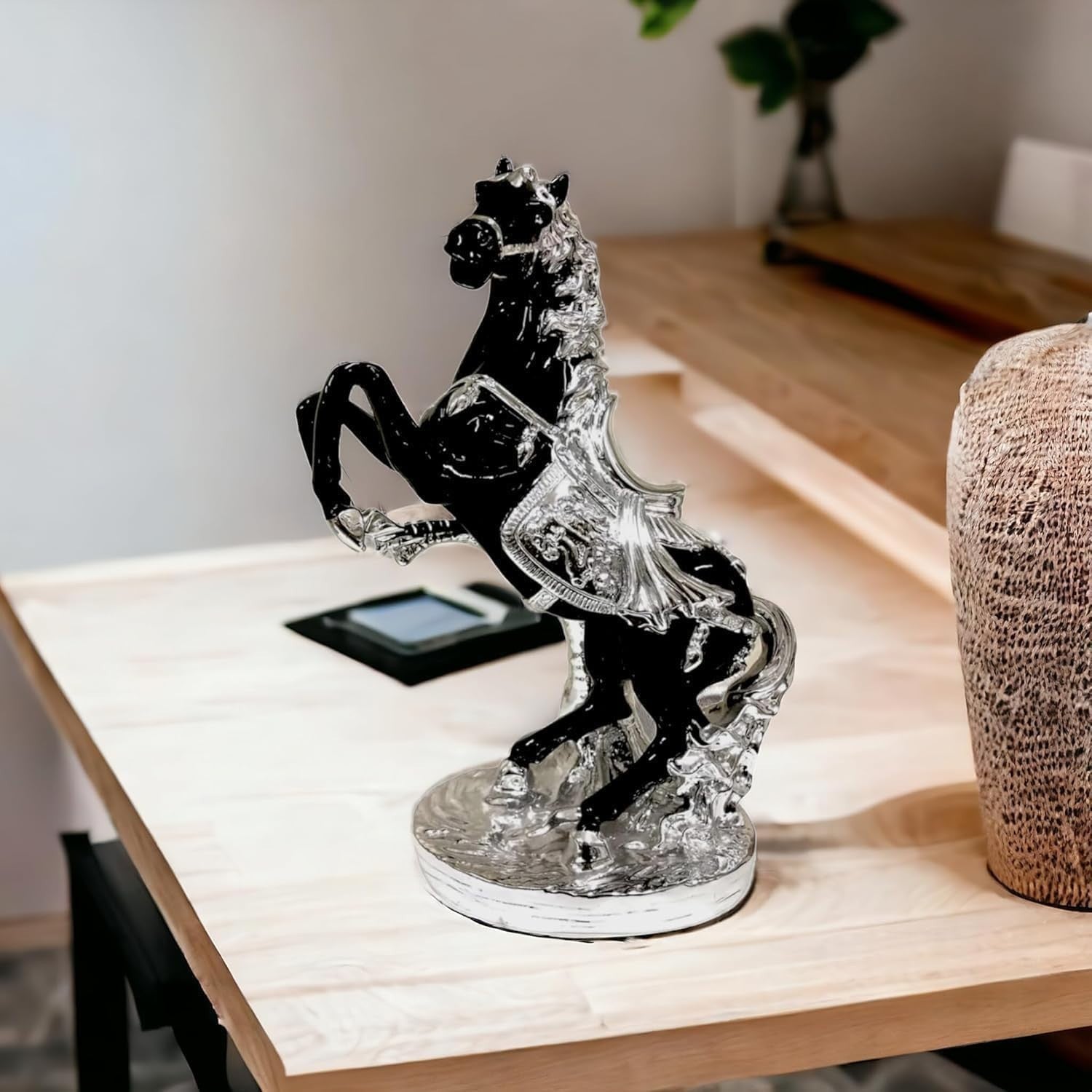 Luxury Silver Black Porcelain Horse Ornament 44cm • Art Deco Figurine Home Decor