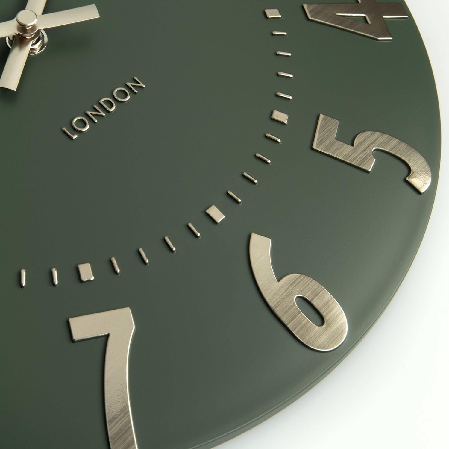 Silent Olive Green Wall Clock 12” Modern Metallic Numerals Luxury Decor