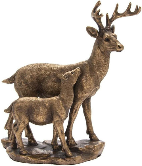 Bronzed Deer & Fawn Ornament Sculpture Resin Wildlife Figure Home Garden Decor