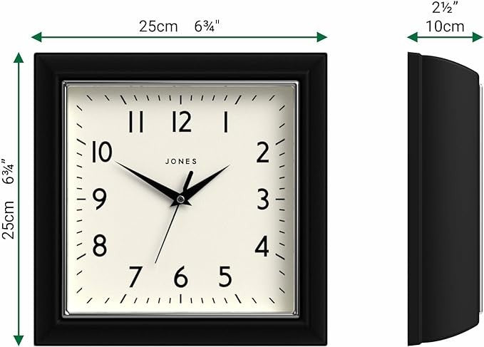 Black Retro Square Wall Clock 25cm Silent Quartz Easy Read Modern Kitchen Office