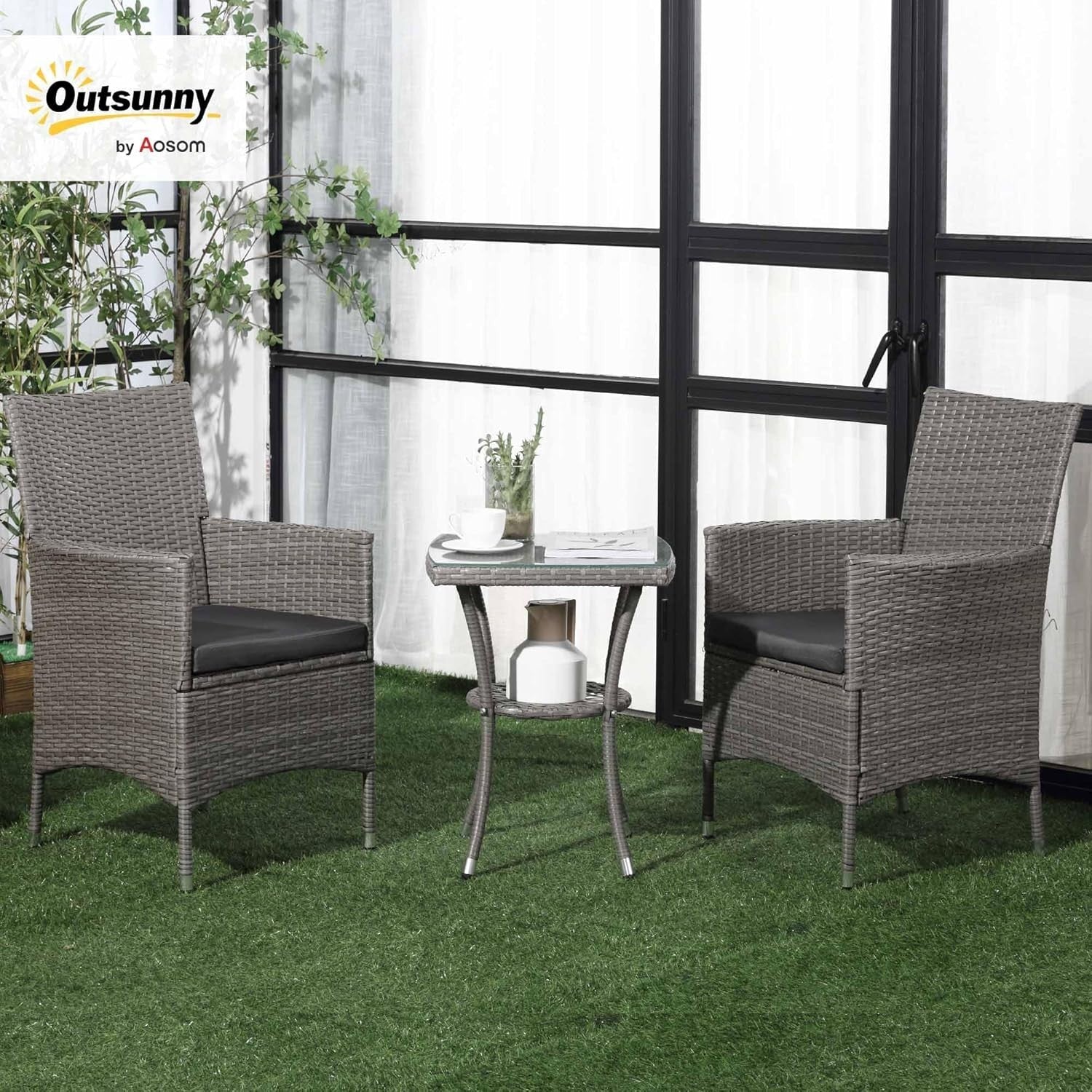 3 Piece Rattan Bistro Set Garden Chairs with Table Cushioned Balcony Set