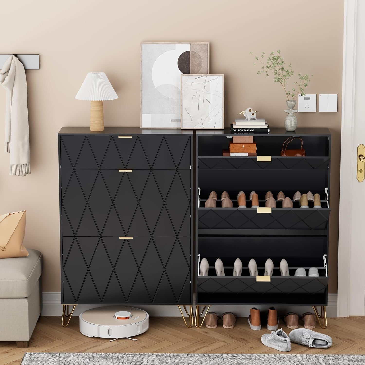 Modern Shoe Cabinet Black w/ Flip Drawers – 3 Compartments 16 Pairs Storage
