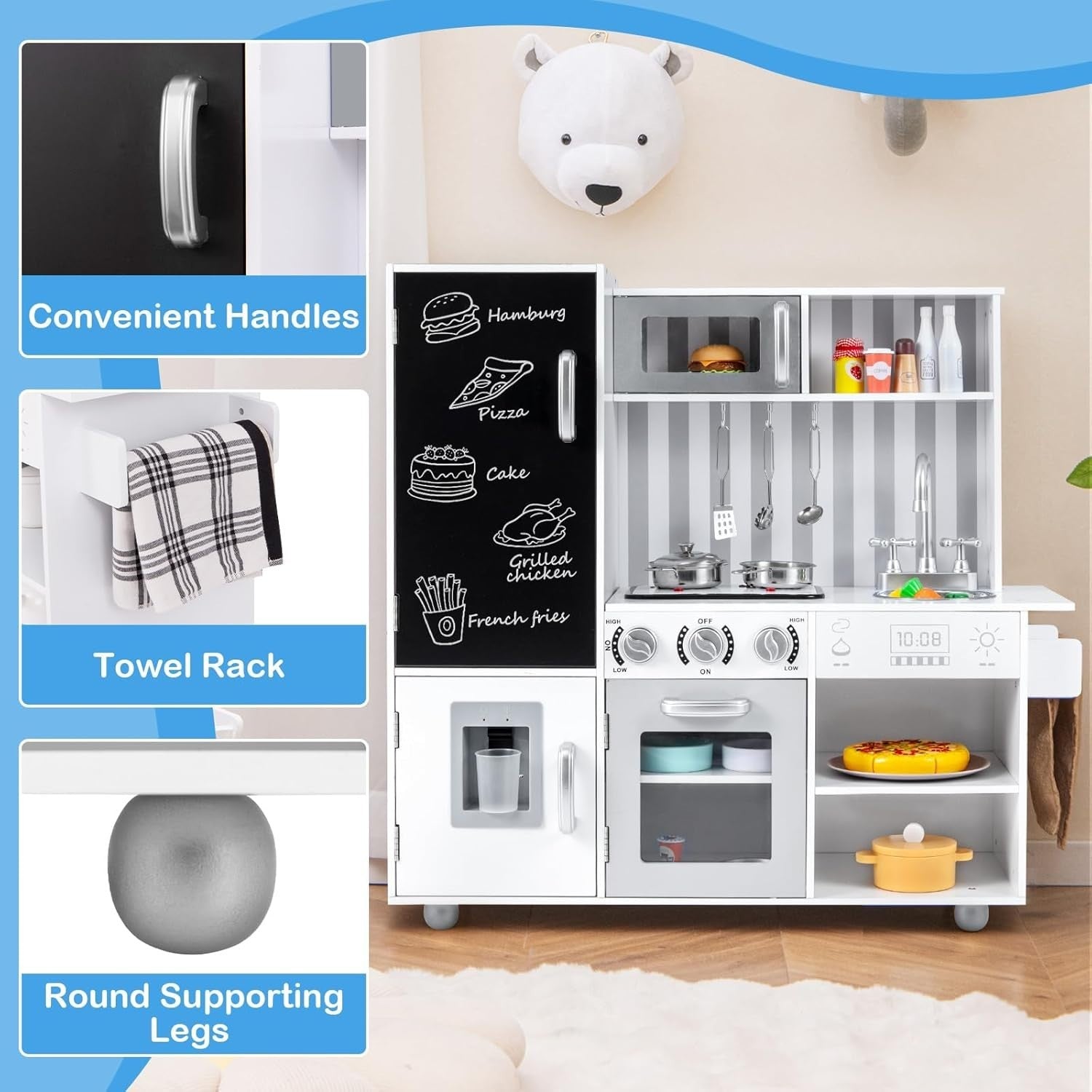 Kids Wooden Play Kitchen w/ Lights Sounds Blackboard Silver