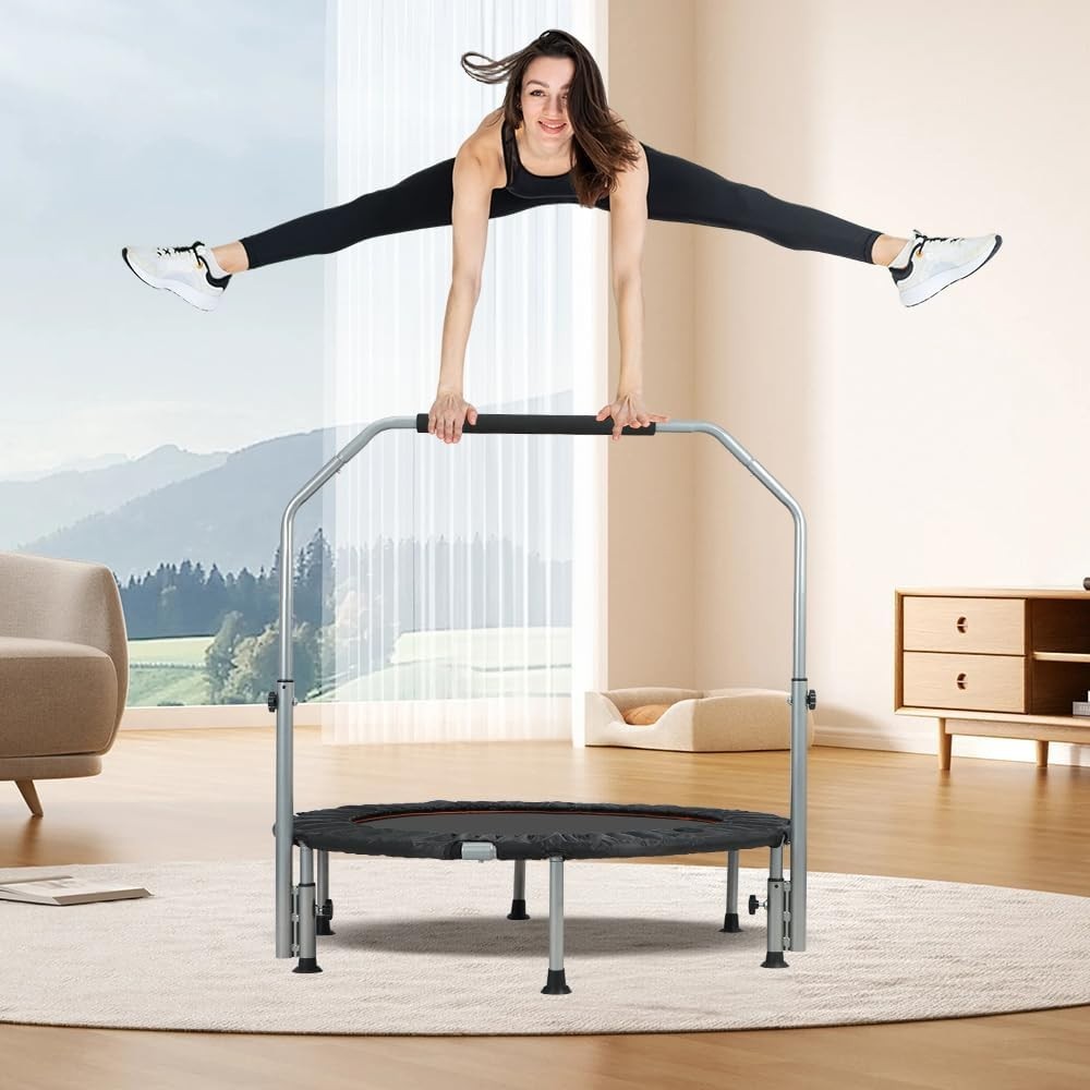 Foldable Fitness Trampoline Rebounder Adjustable Handle Quiet 150kg
