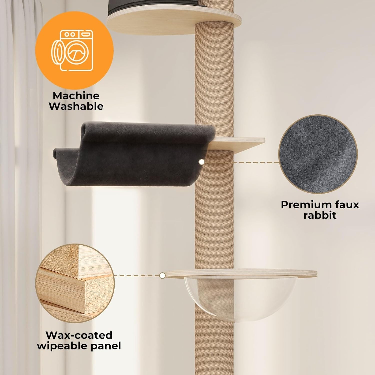 Floor to Ceiling Cat Tree Adjustable 6 Level Scratching Tower Hammock
