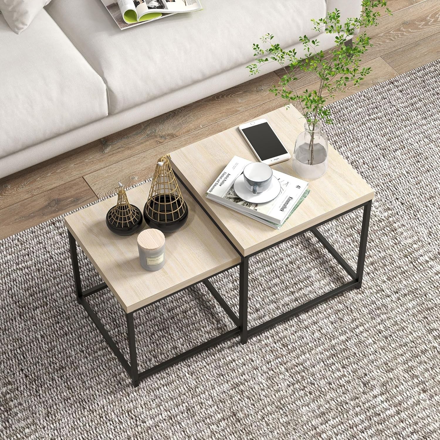 Oak Nesting Coffee Table Set Modern Square End Side Accent Tables Steel Frame