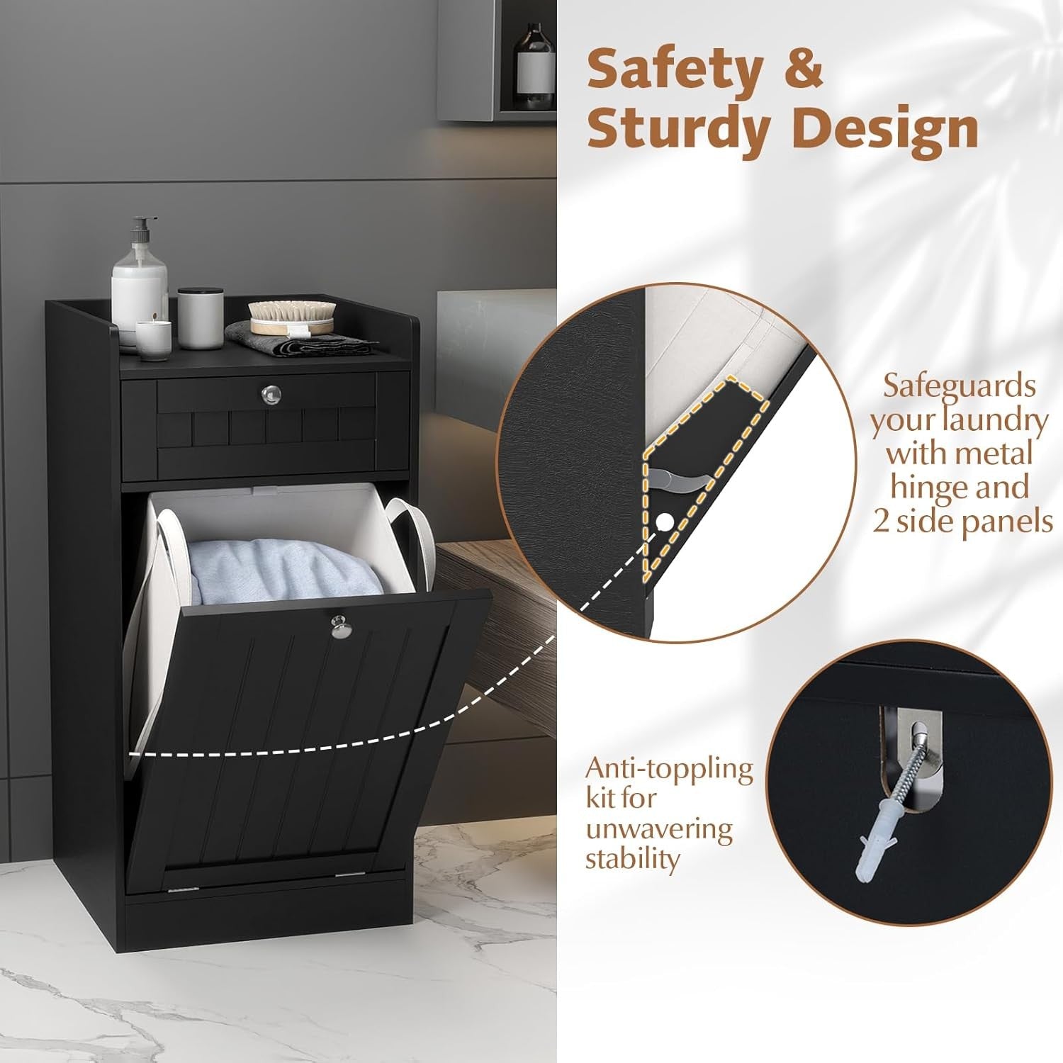 Black Tilt-Out Laundry Cabinet with Drawer & Removable Liner Modern Bathroom Sto