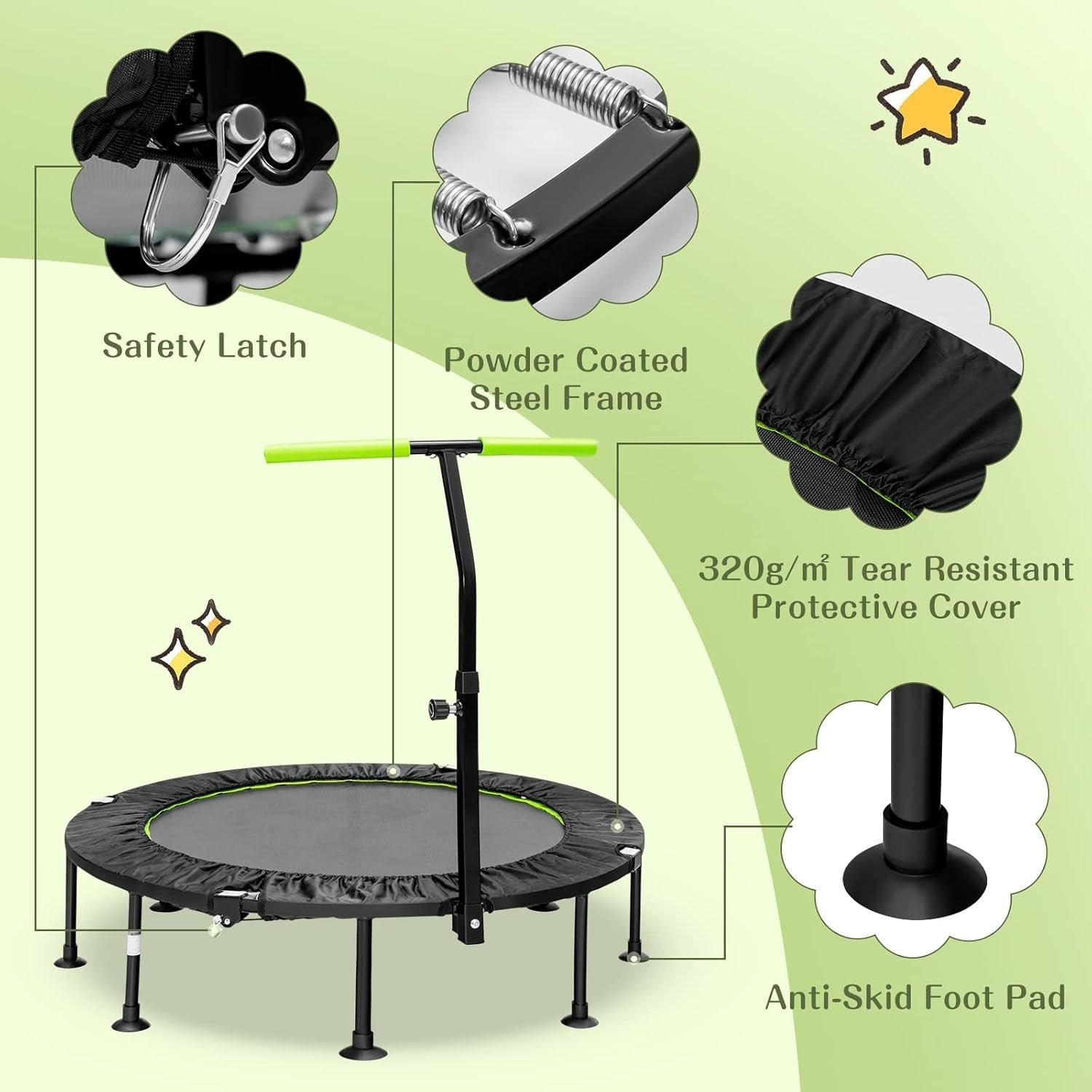 45'' Mini Trampoline Fitness Rebounder Foldable Adjustable Handle 100KG