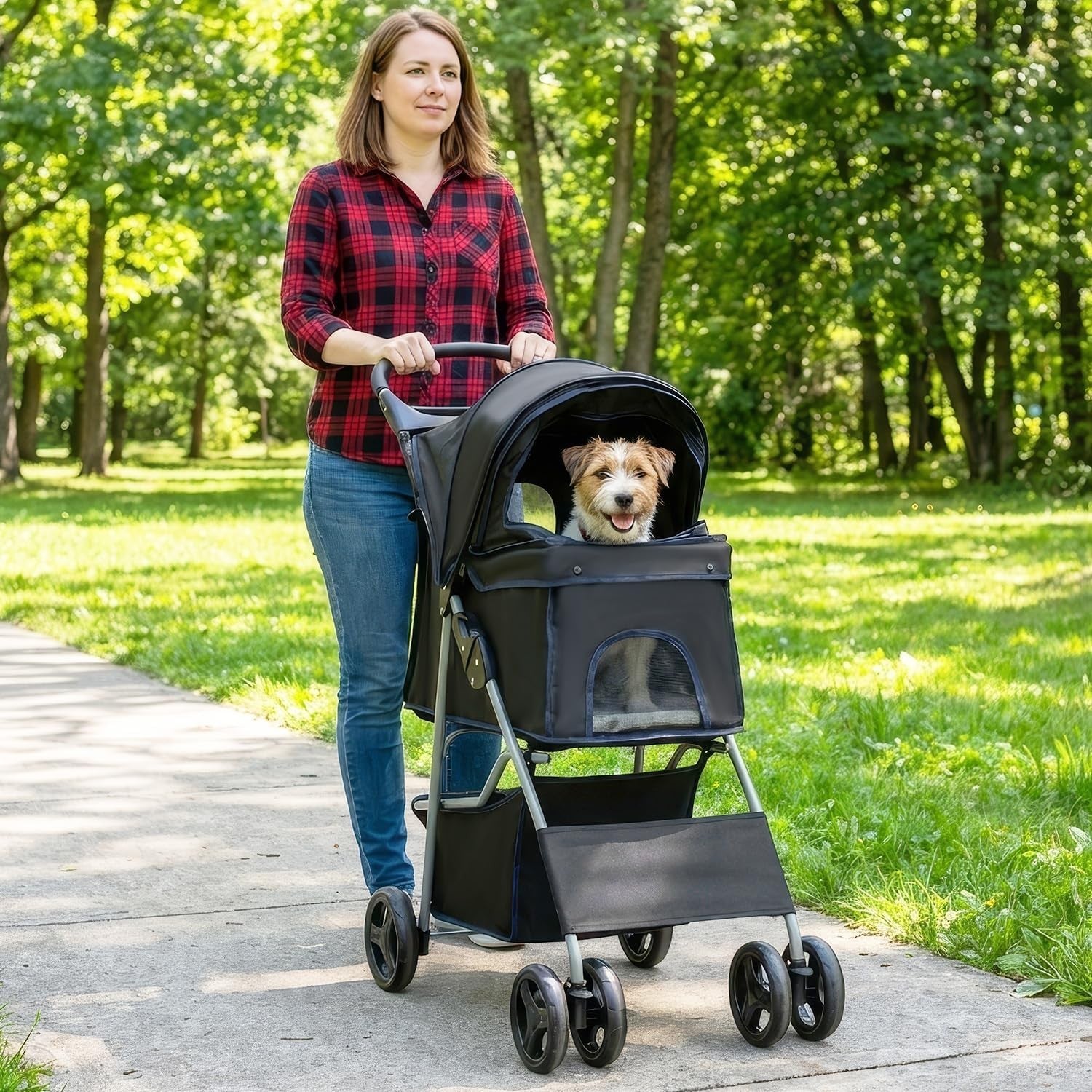 Pet Stroller Dog Cat Pushchair 4 Wheel Foldable Travel Carrier Mesh Black