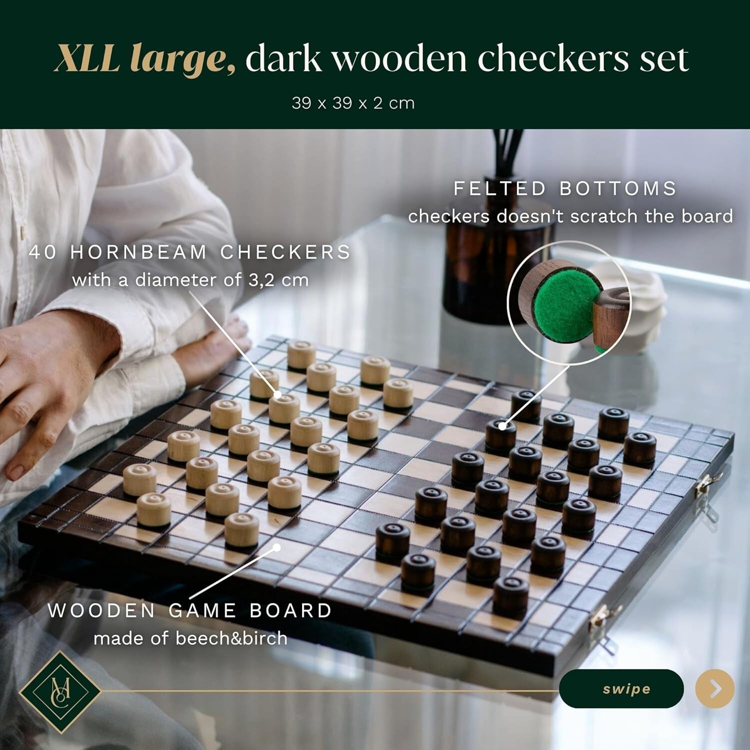 39cm Wooden Checkers Board | XXL 100-Square Folding Draughts Set | Travel Game