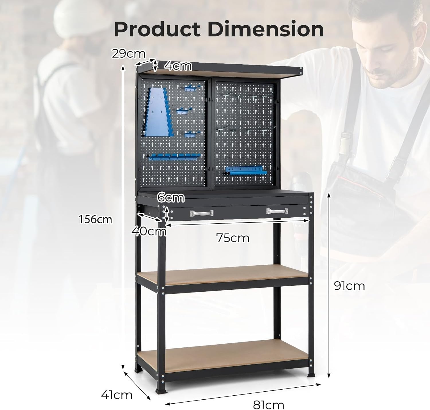 Heavy Duty Workbench 81x41x156cm Pegboard Shelves Drawer Metal Garage Table