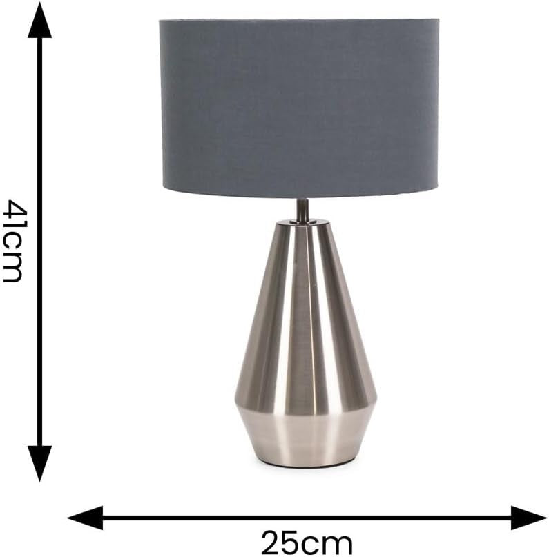 Silver Touch Dimmer Table Lamp Grey Drum Shade Bedside LED Light