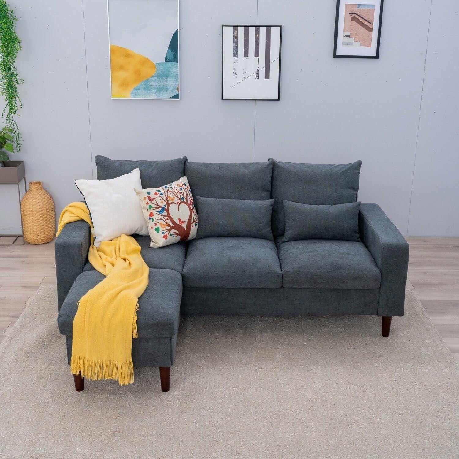 3 Seater Sofa Bed Grey with Footstool Linen Fabric L-Shape for Lounge Home