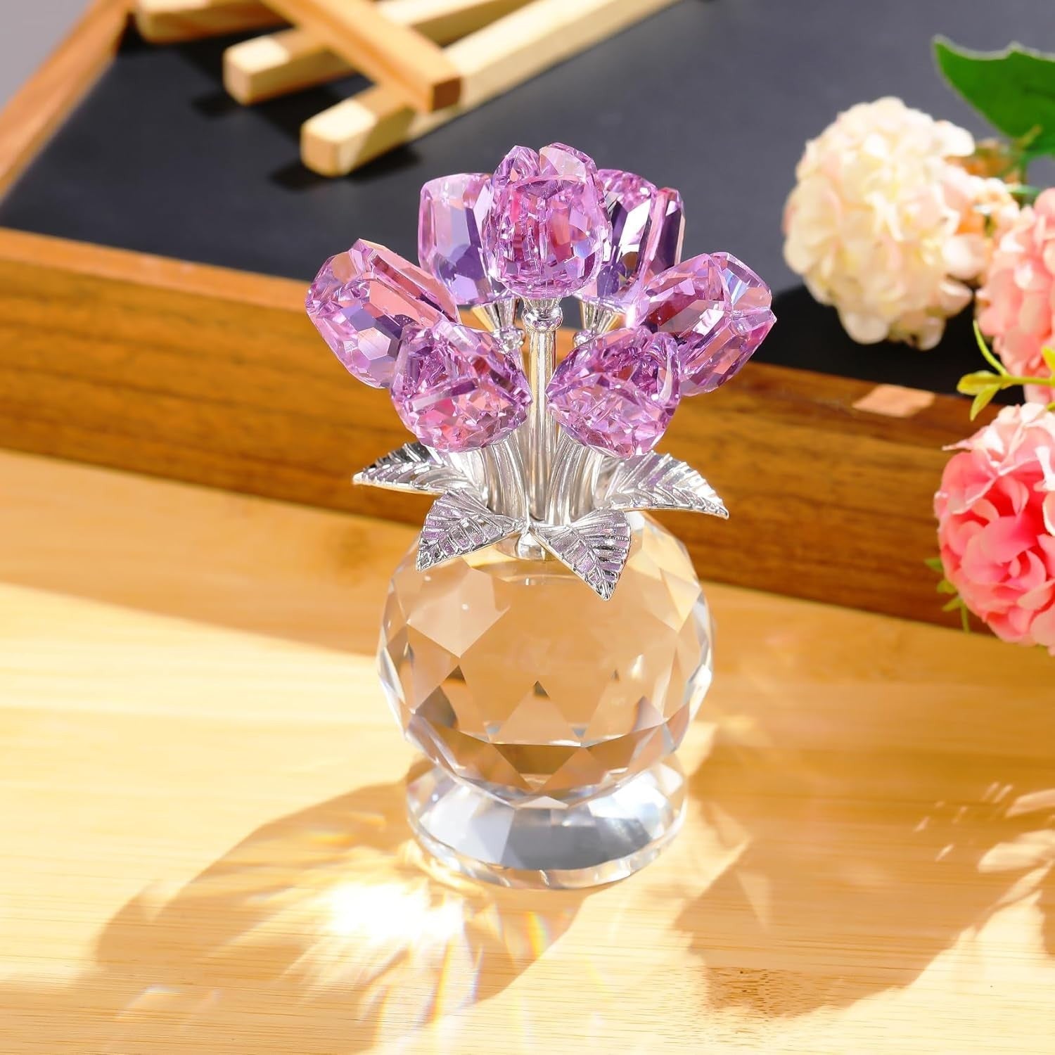 Purple Crystal Tulip Ornament – Luxury Glass Flower Bouquet Gift for Her Décor