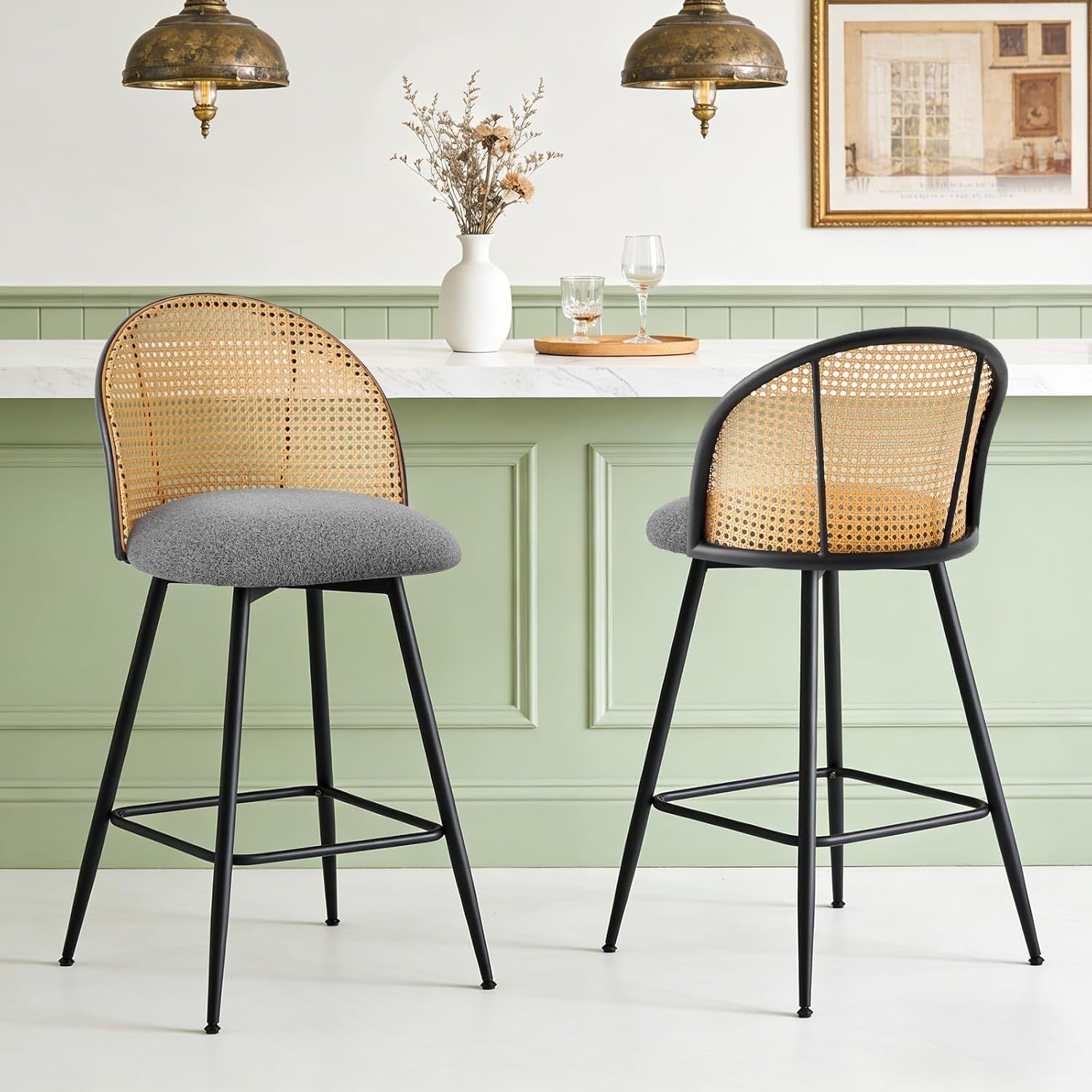 Swivel Bar Stools Set of 4 Rattan Back Upholstered Counter Height Kitchen Seats