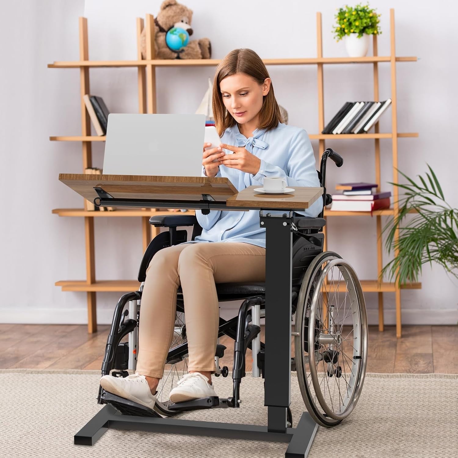 Brown Overbed Table Adjustable Height C Shape Rolling Laptop Desk