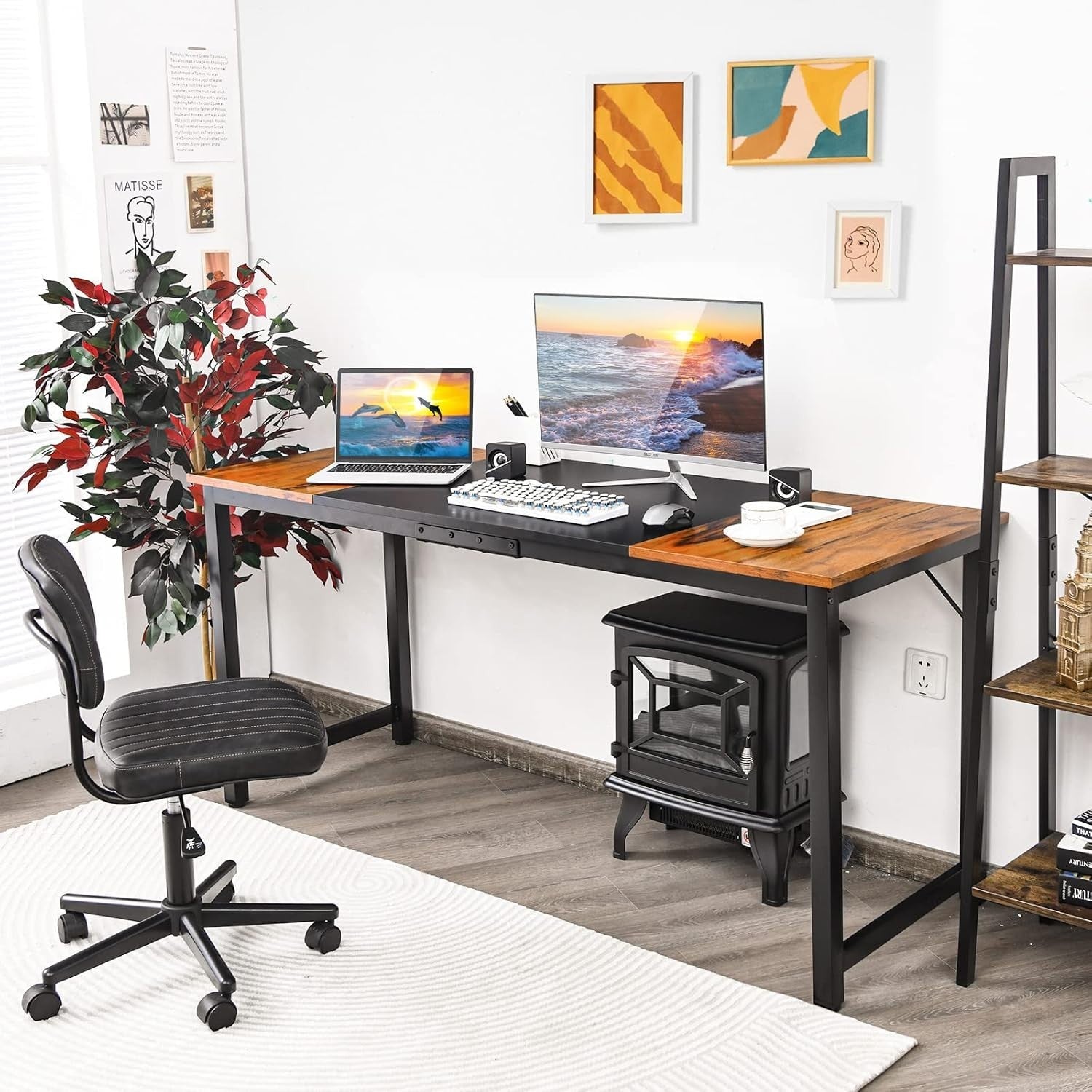 Vintage & Black 160cm Industrial Computer Desk with Metal Frame