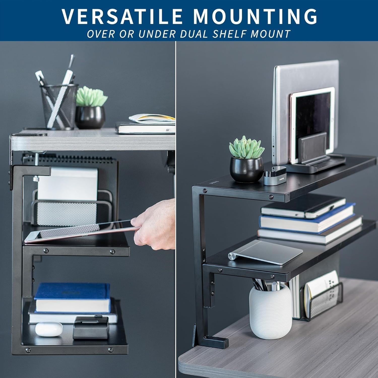 Clamp-On Desk Shelf 2-Tier 61cm Above/Below Mount Storage Organizer Black