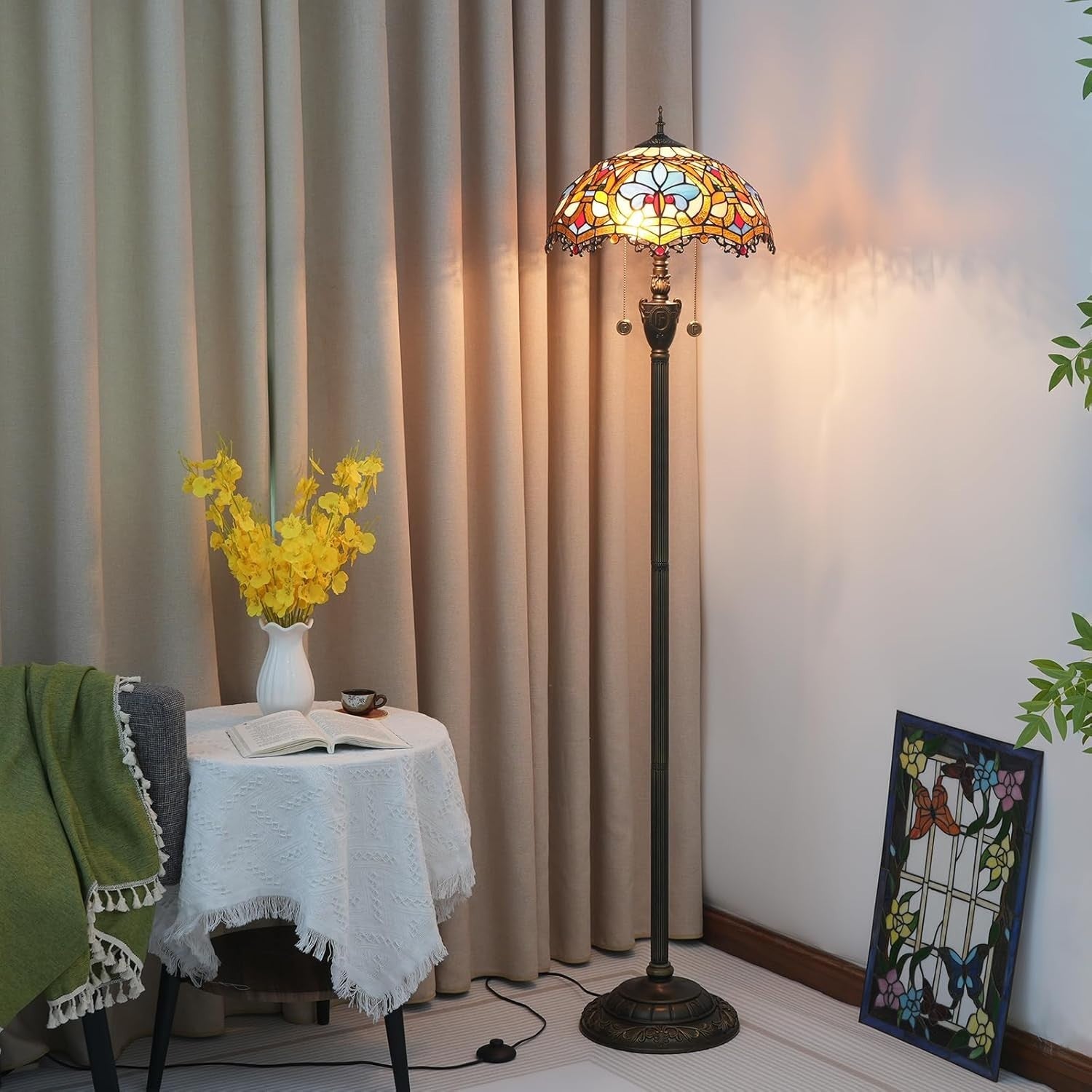 Stained Glass Floor Lamp with Pull Chain & Vintage Bronze Base 64"