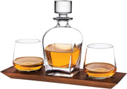 Whiskey Decanter & 2 Glasses Set with Wooden Tray | 750ml Elegant Bar Gift