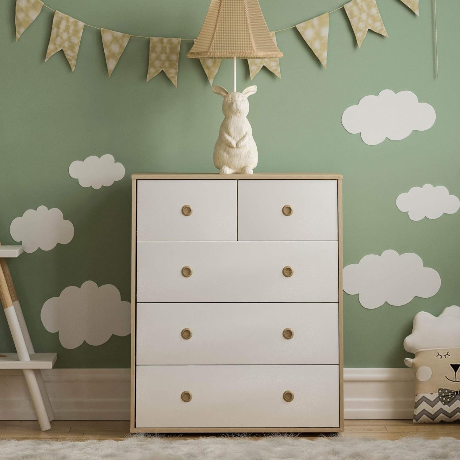 Modern Kids 5-Drawer Chest with Oak Handles – Compact Bedroom Storage