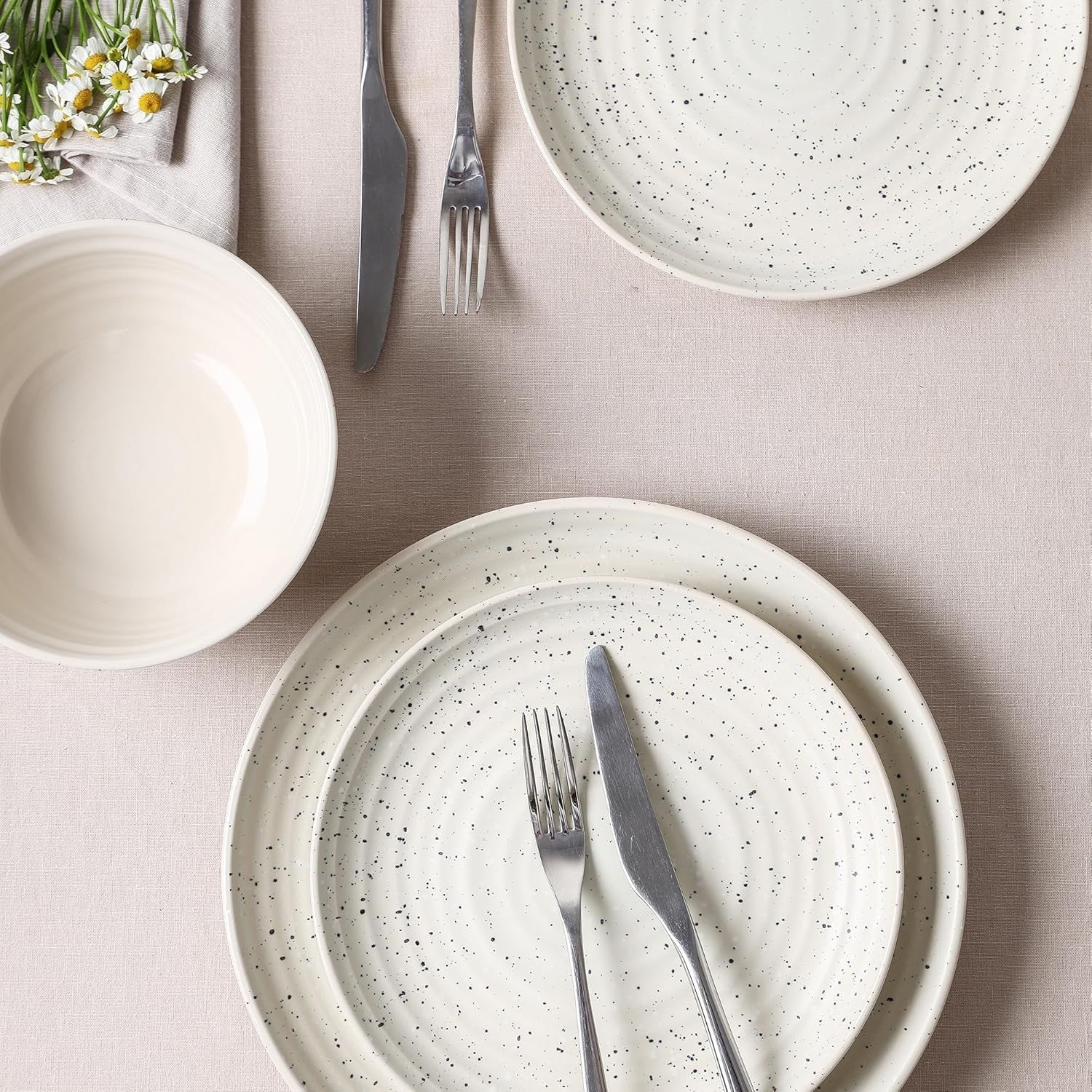 24pc Stoneware Dinner Set White Plates Bowls Microwave Dishwasher Safe