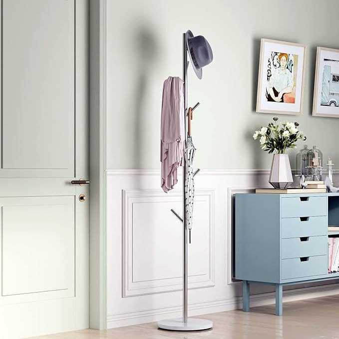Silver Metal Coat Rack with Marble Base | Freestanding Hall Tree for Coats, Hats
