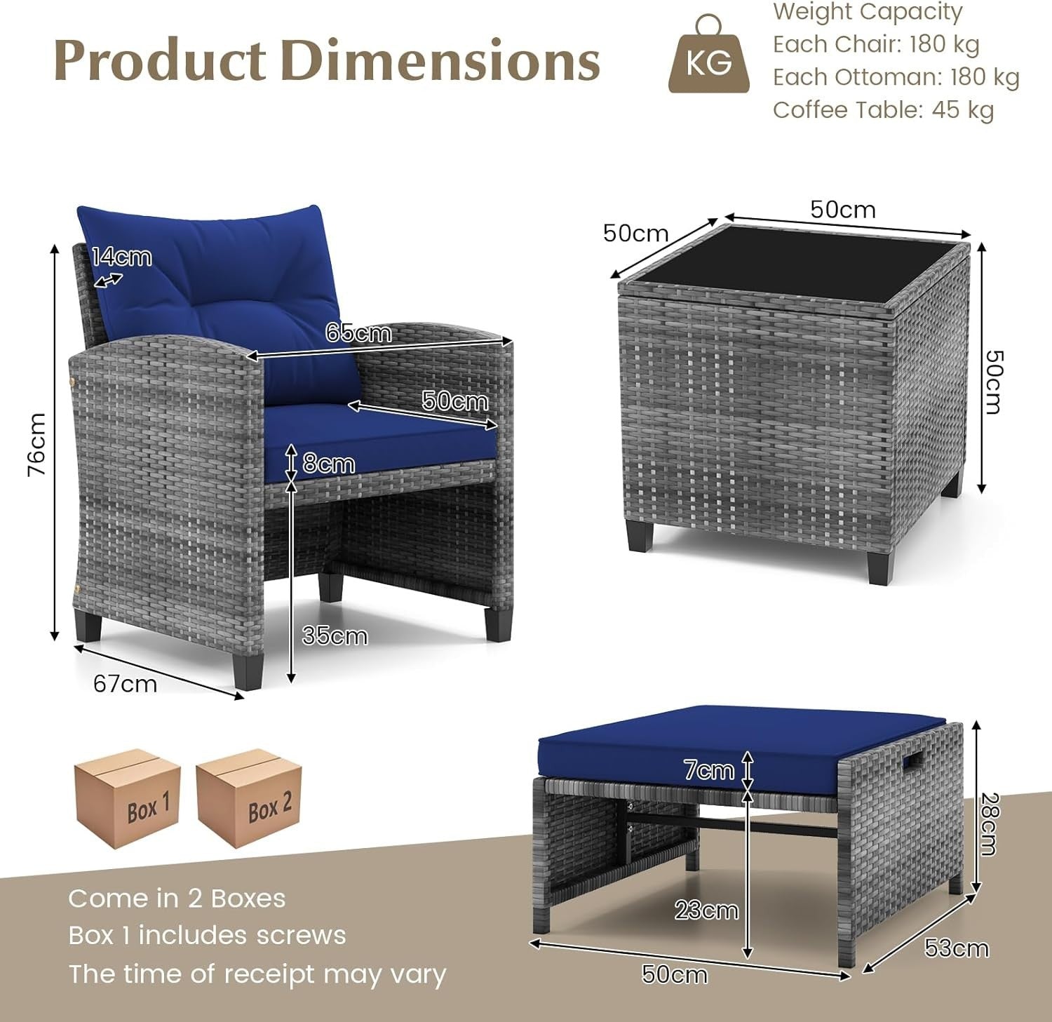 5-Piece Outdoor Rattan Patio Set with Cushions, Glass Table & Footstools