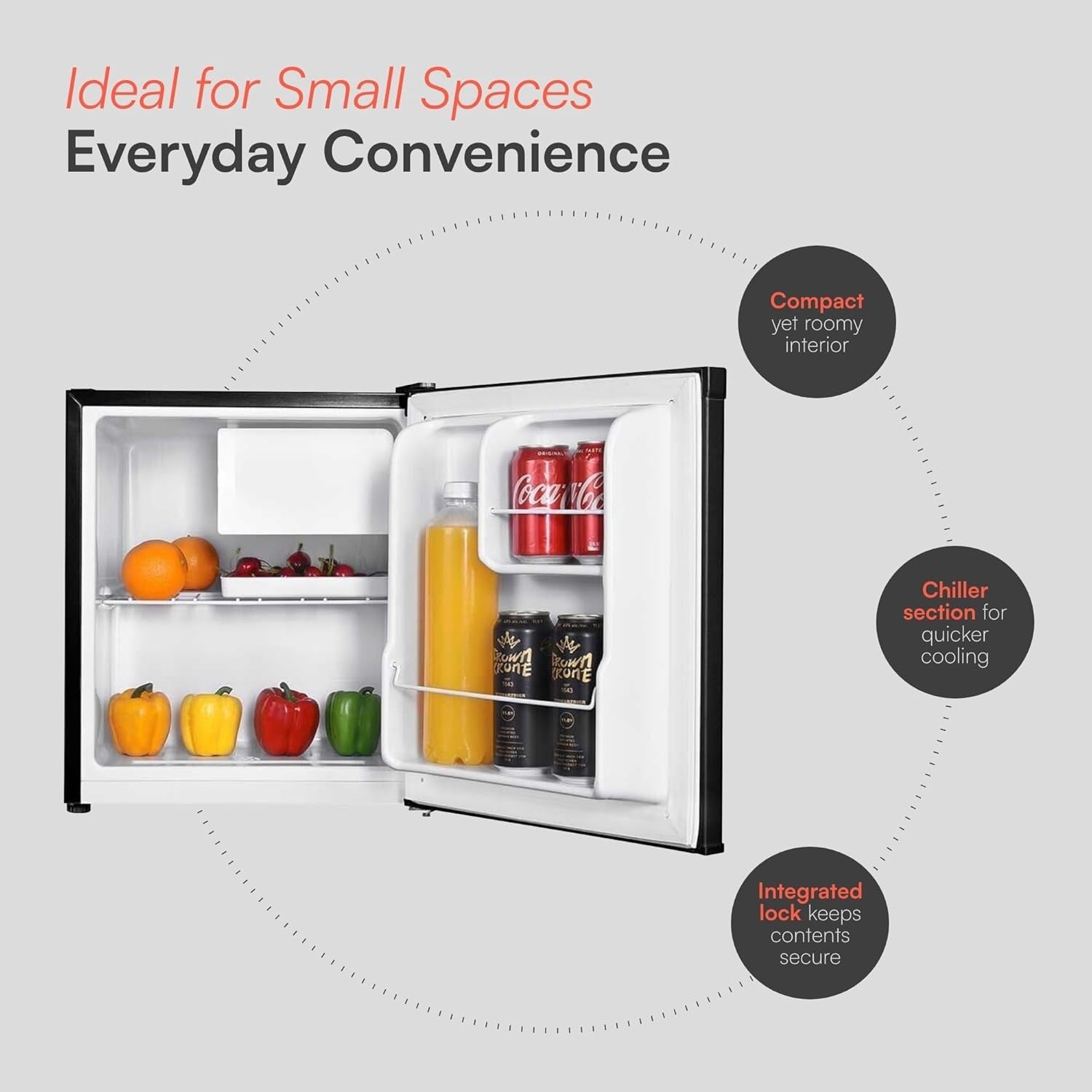 42L Mini Fridge Countertop Compact Reversible Door Black