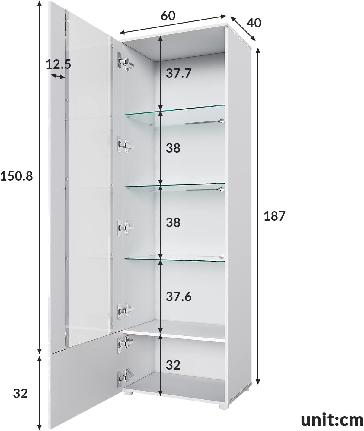 Tall LED Display Cabinet with Glass Shelves, High Gloss Storage Unit White
