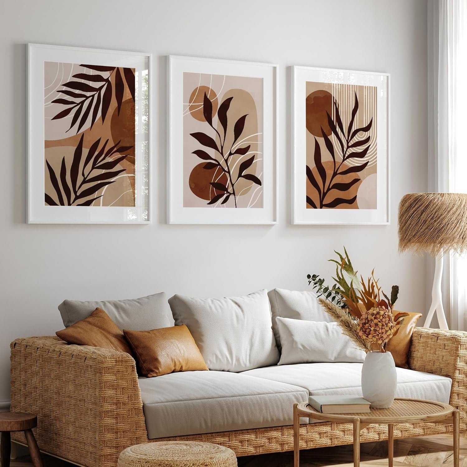 Set of 3 Boho Abstract Wall Art Prints Beige Brown Modern Living Room Decor