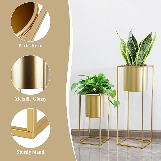 Set of 2 Gold Metal Planters with Stand Indoor Outdoor Tall Plant Pots Display